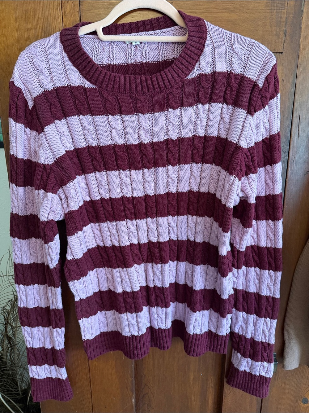 JODIFL Striped Cable-Knit Crewneck Sweater — Burgundy and Lavender